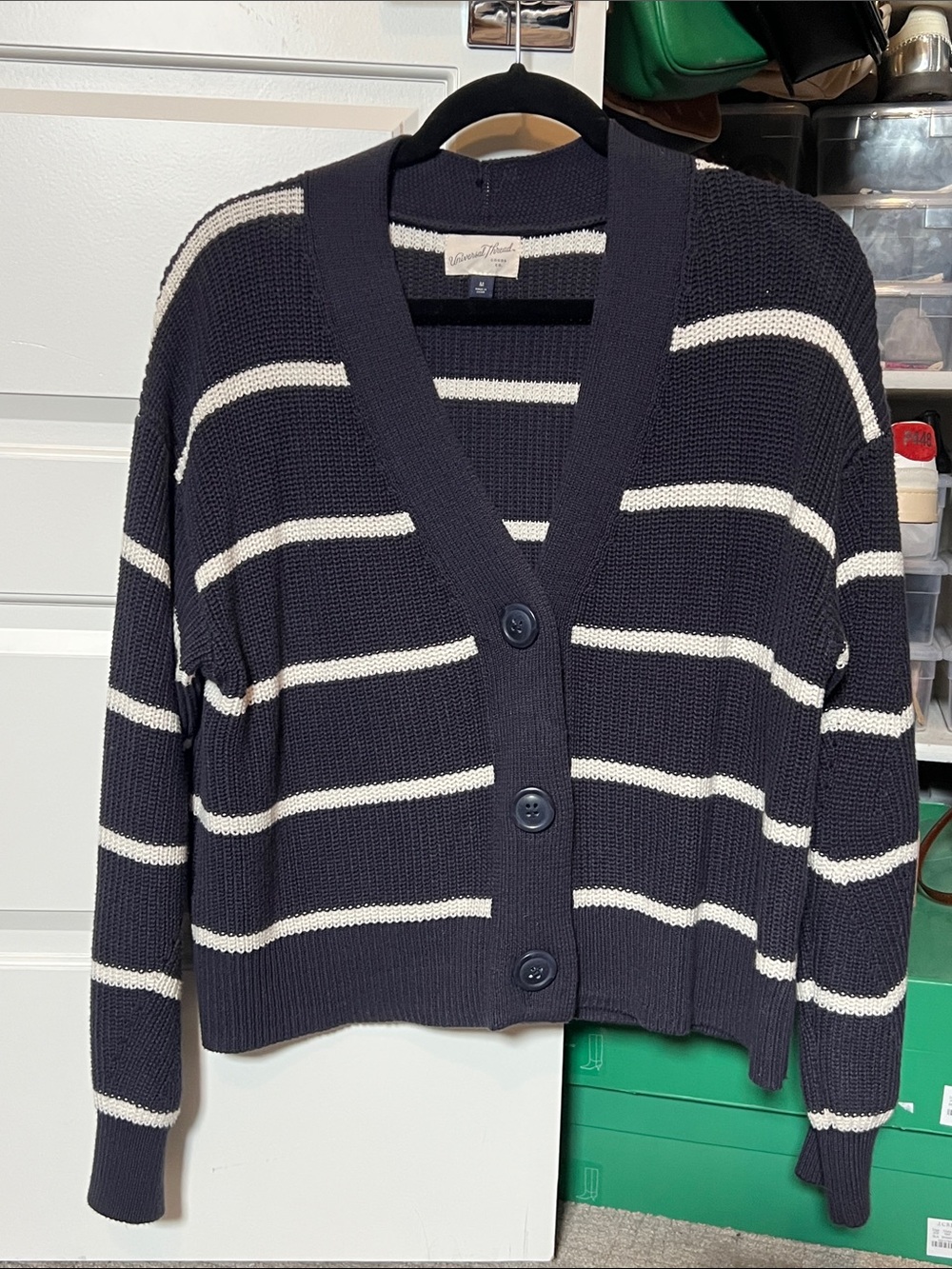 Universal Thread Navy and White Striped V-Neck Button Cardigan
